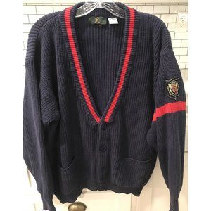 Vintage Club Room Sweater Cardigan Mens Medium Navy Blue Red Crest Italy Golf